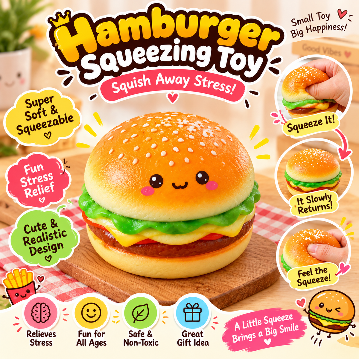 Hamburger Squishy Squeezing Toy – Soft Stress Relief Toy